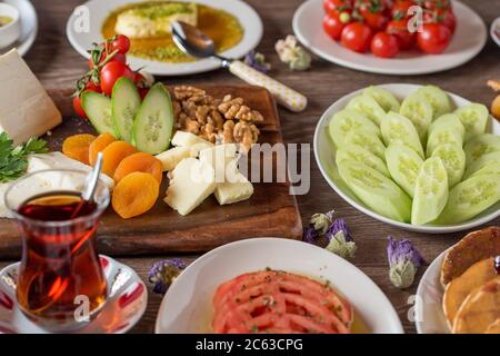 Delicious traditional turkish breakfast on table Stock Photo