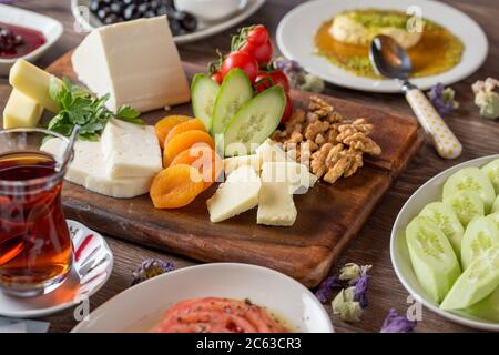 Delicious traditional turkish breakfast on table Stock Photo