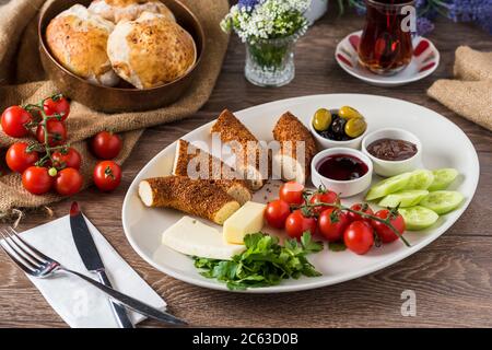 Delicious traditional turkish breakfast on table Stock Photo