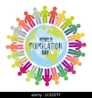 World Population Day with colorful people, Earth, globe, pictogram poster, background template for web, vector illustration Stock Vector