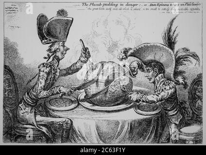 The plum pudding in danger  James Gillray engraving print Stock Photo