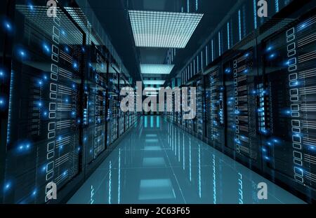 Dark servers data center room with computers and storage systems 3D rendering Stock Photo