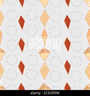 Pattern Filled orange Diamond shape and dotted circle doodles in rows Seamless pattern Vector hand drawn doodle style illustration surface design Stock Vector