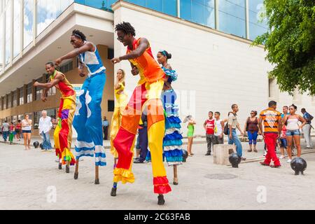 Cuban dancers on stilts at a carnival in Old Havana Stock Photo