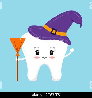 Witch tooth with purple magic hat and broom isolated vector icon. Stock Vector