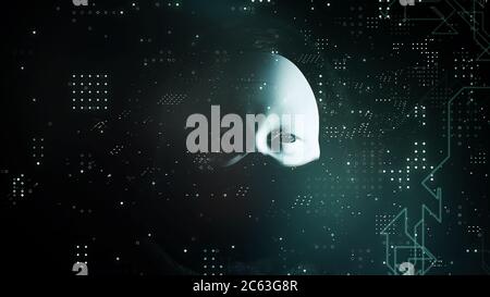 Cybersecurity, computer hacker with hoodie and obscured face, futuristic computer code overlying image Stock Photo