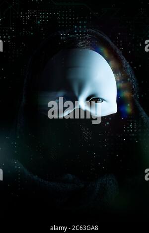 Cybersecurity, computer hacker with hoodie and obscured face, futuristic computer code overlying image Stock Photo