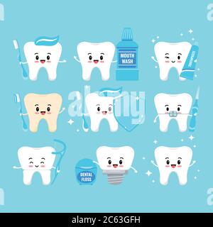 Cute teeth with oral hygiene products icons set isolated on white background. Stock Vector