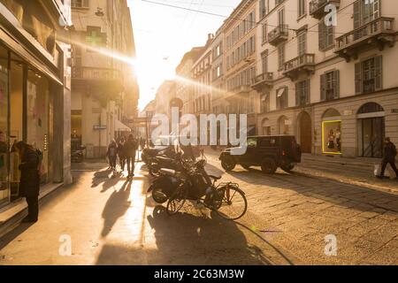 Alessandro Mansoni Street in Milan late afternoon Stock Photo