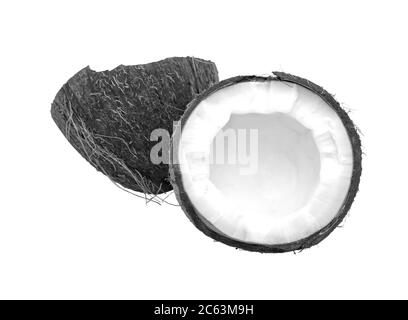 Coconut is black and white.. Half coconut isolated on white background. View from above Stock Photo