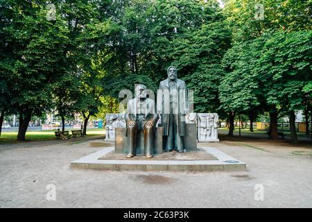 Berlin, Germany - June 7, 2019 : Karl Marx and Friedrich Engels statue at Marx-Engels-Forum public park Stock Photo