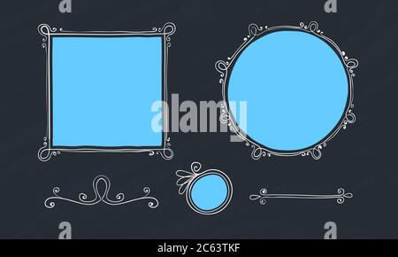 Photo frames vintage, Doodle style. Frame set. Square, round and rectangular frames decorated with curls. Stock Vector