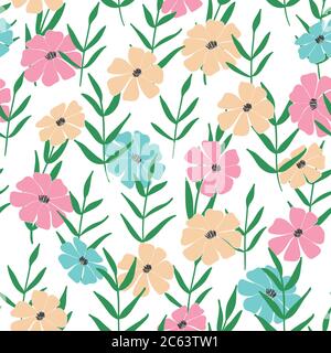 seamless pattern of flowers, leaves and twigs of plants. Wild field flowers. Vector illustration Stock Vector