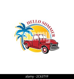 Old vintage car for summer surfing traveling and living on the paradise California beaches with sun sea surf. Camping truck print illustration design Stock Vector