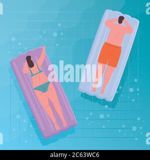 couple using swimsuit, couple floating, relaxing sunbathing on inflatable, in the pool, summer vacation season Stock Vector