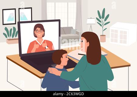 Social distancing education video online at home.Boy with mother learning homework and watching teacher teach on laptop.Communication technology.New n Stock Vector