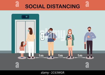 People waiting for elevator or lift.Social distancing mother and girl wearing protective in medical face protection mask corona virus covid 19 . Stock Vector