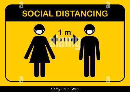 Icon new normal and social distancing.People standing Keep Safe Distance 1-2 meter.Man and woman wearing a protective medical mask for prevent corona Stock Vector