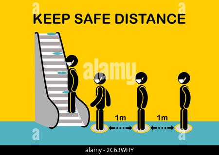 People keep 2 step distance on escalator.Icon new normal and Social distancing.  Respect distancing monitor color red stop or color green start. Stock Vector
