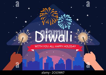 illustration of city night Indian people celebrating on Happy Diwali Hindu Holiday background for light festival of India.Human stay at home.Decorate Stock Vector