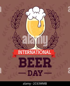 international beer day, august, cup glass beer with ribbon and international label in ribbon Stock Vector