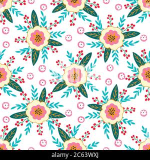 seamless pattern of flowers, berries, leaves and twigs of fantasy plants. Vector illustration Stock Vector