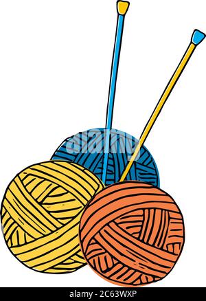 Three round skeins of woolen threads and knitting needles. Colorful vector illustration of the sketch Stock Vector