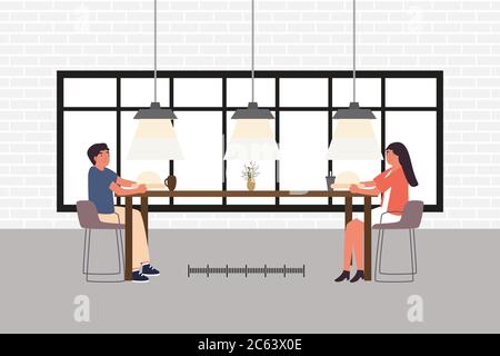 Food and drink and social distancing concept.Couple man and woman sitting in cafe restaurant eating food with table shield to protect infection from c Stock Vector