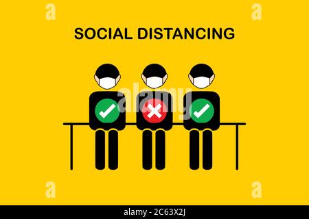 New normal and Social distancing concept.A man and a woman in medical masks protection from corona virus covid 19.People siting on chair keep safe dis Stock Vector