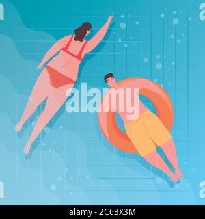 couple using swimsuit, woman swimming and man sunbathing on inflatable, in the pool, summer vacation season Stock Vector