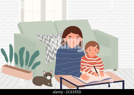 Social distancing education at home.Before school opens.Mother is teaching her daughter to write a book .Background New normal Distance Flat Vector Il Stock Vector