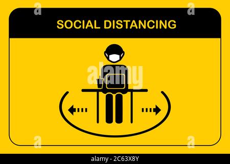 Social distancing workplace concept.People sitting when meeting in the office.A man and a woman in medical masks maintain a social distance at work.Ne Stock Vector