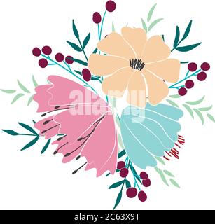 Bouquet of flowers, berries, leaves and twigs of fantasy plants. Wild field flowers. Vector illustration Stock Vector