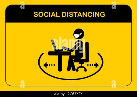 Social distancing workplace concept.People sitting when meeting in the office.A man and a woman in medical masks maintain a social distance at work.Ne Stock Vector