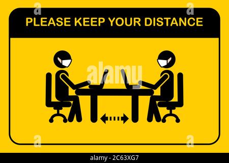 Social distancing workplace concept.People sitting when meeting in the office.A man and a woman in medical masks maintain a social distance at work.Ne Stock Vector