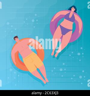 couple using swimsuit, couple floating, relaxing sunbathing on inflatable, in the pool, summer vacation season Stock Vector