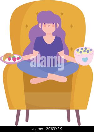 stay at home, girl sitting on chair with food in hands cartoon, quarantine activities vector illustration Stock Vector