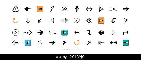 Collection of arrow icons and media player buttons isolated on white background Stock Vector