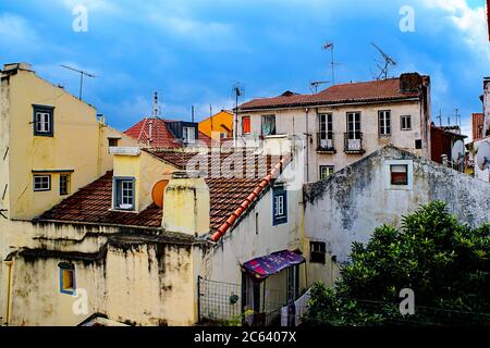 TV antennae over the rooftops in the Alfama, Lisbon, Portugal Stock Photo