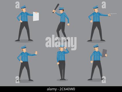 Set of six vector illustration of policeman or security officer cartoon characters in blue uniform and peaked cap isolated on plain grey background. Stock Vector