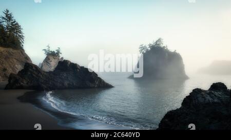Beautiful sea stacks at the Oregon Coast, shrouded in fog Stock Photo
