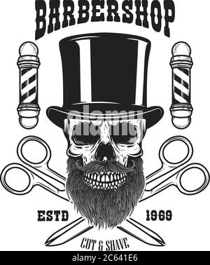 Barbershop emblem template. Bearded skull in vintage hat and scissors. Design element for poster, card, emblem, banner, logo. Vector illustration Stock Vector