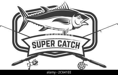 Fishing sport. Emblem template with fisherman and tuna fish. Design element  for logo, label, sign, poster. Vector illustration, Fishing sport. Emblem  Stock Vector Image & Art - Alamy