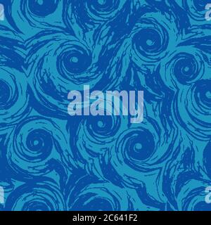 Seamless vector pattern of turquoise spirals and abstract shapes on a blue background. The texture of the swirl of the sea or the current, curls of Stock Vector