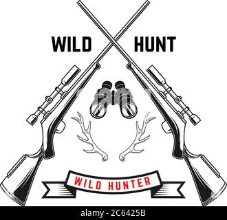 Emblem template of hunting club emblem with deer horns, guns. Design element for logo, label, sign, poster, t shirt. Vector illustration Stock Vector