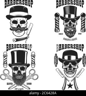 Set of barbershop emblem template. Skull with moustache in vintage hat and razor of barber. Design element for poster, card, emblem, banner, logo. Vec Stock Vector