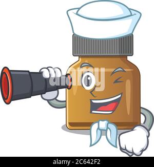 A cartoon picture of bottle vitamin b Sailor using binocular Stock Vector