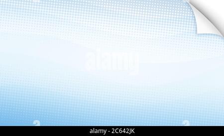 Abstract dotted light blue background with sheer waves and curled corner of paper. Halftone pattern illustration on white in 4k resolution. Stock Photo