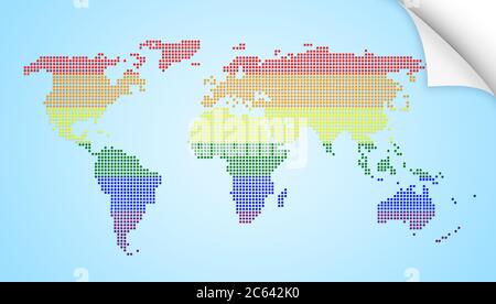 Dotted world map with LGBT movement's rainbow flag's colors on light blue background. High resolution concept illustration. Curled corner of paper. Stock Photo