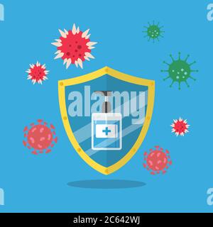 Hand sanitizer pump bottle with shield protecting virus. Flat style vector illustration Stock Vector